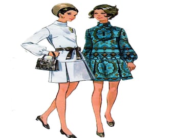 Women, Drop Waist Dress, 1960 Mod Fashion, Butterick 5470, Fit Flare, Full Long Sleeve, Women Sewing Pattern, High Neck, Size 10, UNCUT