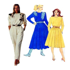 80s Fashion, McCalls 3358, Jumpsuit Sewing Pattern, Dress Sewing Pattern, Long Sleeve, Full Skirt, Tapered Pant, Loose Fit, Size 8, UNCUT