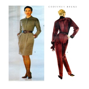 May include: A vintage sewing pattern featuring two different styles of a dress. The first style is a brown dress with a collar and a belt. The second style is a red jumpsuit with a belt. The pattern is by Geoffrey Beene.