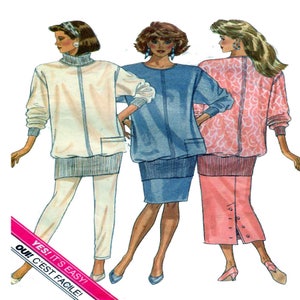 May include: A sewing pattern for a tunic top and skirt. The pattern includes three different styles: a white tunic top with a matching skirt, a blue tunic top with a matching skirt, and a pink tunic top with a matching skirt. The pattern is labelled "Yes! It's Easy! Oui! C'est Facile!"