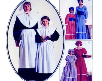 Adult costume sewing pattern prairie, pilgrim, colonial, pioneer dresses with apron, hat, thanks giving costume, Size Adult Medium 12-14