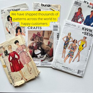 May include: A collection of vintage sewing patterns, including brands like Simplicity, Very Vogue, and Kwik Sew. The patterns feature illustrations of clothing designs. The image includes text that reads "We have shipped thousands of patterns across the world to happy customers."