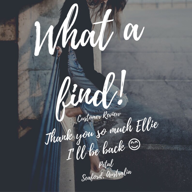Puede incluir: Una rese&ntilde;a de un cliente con el texto "What a find!" y "Thank you so much Ellie I'll be back" con un emoji de carita sonriente. La rese&ntilde;a se atribuye a "Petal, Seaford, Australia".