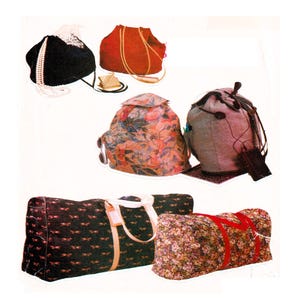 May include: A collection of various bags and backpacks. The bags include a black hat with white trim, a red drawstring bag, a floral backpack, a gray backpack, a black duffel bag with a bow pattern, and a floral duffel bag with a red strap.