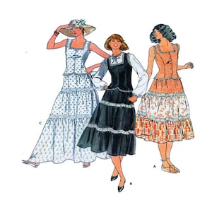 May include: Three women's dresses with different patterns and styles. The dress on the left is white with a floral pattern and has a ruffled skirt. The dress in the middle is black with a lace trim and a ruffled skirt. The dress on the right is orange and white with a plaid pattern and has a ruffled skirt.