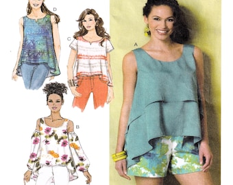 Butterick 6355, Asymmetrical hem, Round Neckline Shirt, Long Sleeve, Sleeveless Summer Tunic, Size 4-6-8-10-12-14, Women Sewing Pattern