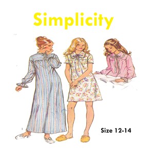 May include: A vintage Simplicity sewing pattern with illustrations of three nightgown designs. The text "Simplicity" is in yellow. The size range is 12-14. The nightgowns include a long-sleeved striped gown, a floral print dress, and a pink top.