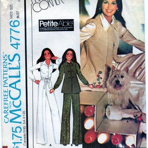 May include: A vintage sewing pattern for a jumpsuit, vest, and booties. The pattern is from McCall's and is number 4776. The pattern is for misses' sizes 10-32 1/2. The pattern includes a blue transfer for embroidery.
