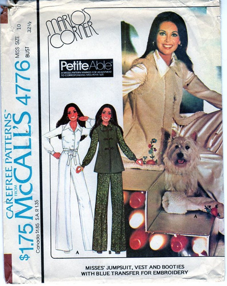May include: A vintage sewing pattern for a jumpsuit, vest, and booties. The pattern is from McCall's and is number 4776. The pattern is for misses' sizes 10-32 1/2. The pattern includes a blue transfer for embroidery.