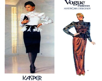 Vogue 1189, Kasper, American Designer, Evening Gown, Cocktail Dress, Sewing Pattern, High Neckline, Wrap Skirt, Peplum, Size 14, Bust 36