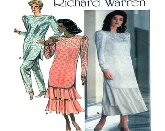 RICHARD WARREN, Women Dress, Sewing Pattern, Tiered Skirt, Slip Dress, Tunic Lace Overlay, Tapered Pant, Butterick 5840, Size 8-10-12, UNCUT