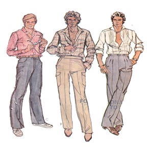 May include: Three illustrations of men wearing different shirts and trousers. The man on the left is wearing a red and white checked shirt and dark blue trousers. The man in the middle is wearing a brown and white checked shirt and beige trousers. The man on the right is wearing a white shirt with a light blue pattern and grey trousers.