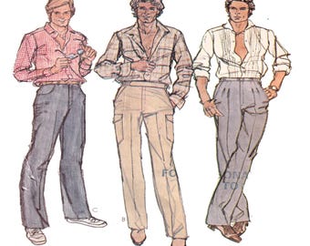 McCall's 6728 pantalon de costume pour homme vintage des années 70, pantalon, cargo, plat ou pli sur le devant, porte-ceinture, poche plaquée, taille 34 non coupé
