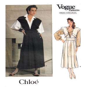 Vogue 1584, Chloe damtröja och blusmönster, spetsig krage, manschettärm, rak veckad kjol, storlek 10, oklippt, 80-tals vintage