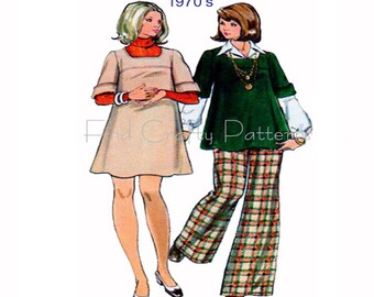 70s, Maternity Top, Dress, Pant, Butterick 3210, Jumper, Dress, Square Neckline Top, Wide Leg Pants, Maternity Sewing Pattern, Size 10