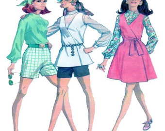 1960s Vintage, Women, McCalls 9768, Sewing Pattern, V neck vest, sundress, romper, jumper, Long Sleeve Blouse, Shorts, Wrap Dress, Size 8