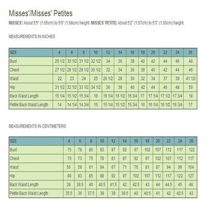 May include: A size chart for Misses' and Misses' Petites, with measurements in inches and centimeters. The chart includes bust, chest, waist, hip, back waist length, and petite back waist length measurements for sizes 4 through 26.