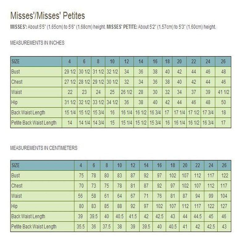 May include: A size chart for Misses' and Misses' Petites, with measurements in inches and centimeters. The chart includes bust, chest, waist, hip, back waist length, and petite back waist length measurements for sizes 4 through 26.