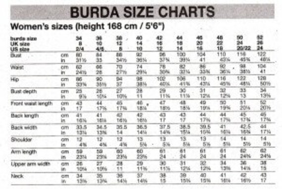 Burda Size Chart Uk