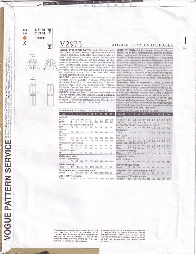MONTANA, Women Casual Fashion Vogue 2973 Vogue Paris Original Sewing Pattern, Fitted Biker Jacket, Tapered Jean/Pant Pant, Size 6-8-8 UNCUT
