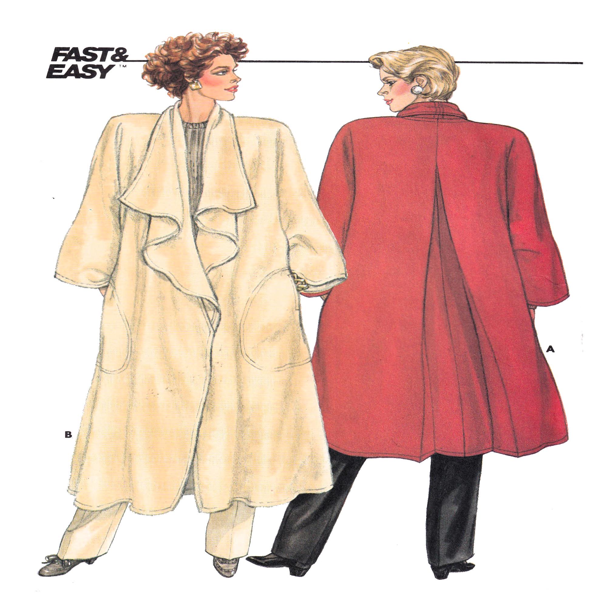 Butterick 3476, Women Long Swing Over Coat Waterfall Collar Loose 