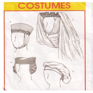 May include: An illustration of various costume headwear designs. The image features a draped head covering, a cap with decorative trim, and two other hat styles. The word "COSTUMES" is printed in red at the top.