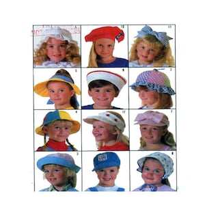 May include: A collection of 12 different children's hats in various colours and styles, including a sailor hat, a sun hat, a beret, and a bonnet.
