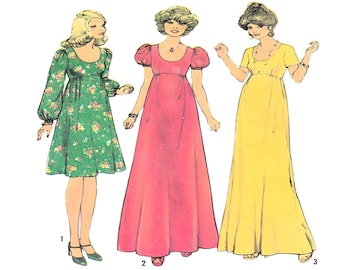Simplicity 7245, dagjurk, maxi-jurk, retrostijl jaren 70, boho, empire taille, pofmouw, lange mouw, ronde hals, wijd uitlopende pasvorm, maat 12