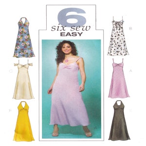 May include: Six different dress patterns with instructions for sewing. The patterns are for a halter dress, a dress with spaghetti straps, a dress with off-the-shoulder straps, and a dress with a halter strap. The dresses are in various colours and patterns, including floral, polka dot, and solid colours.