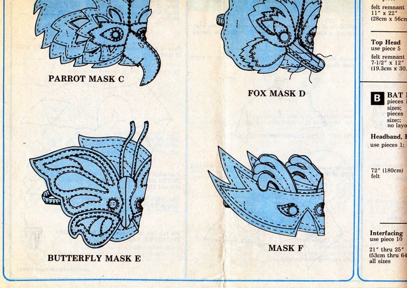 Bat Size Child to Adult Woodpecker Mardi Gras Mask Craft Sewing Pattern McCalls 2133 782 913\u00a0 Parrot Butterfly Fox Basic Mask