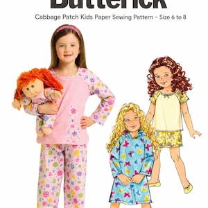 May include: Butterick Cabbage Patch Kids Paper Sewing Pattern Size 6 to 8. The pattern features illustrations of pyjamas and loungewear for dolls and children, including a pink floral top, patterned trousers, a blue butterfly hoodie, and yellow shorts.