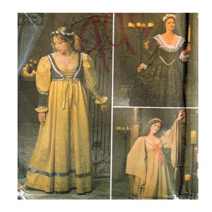May include: Image of a sewing pattern featuring three medieval-style gowns. The gowns are in shades of gold, green, and tan, with details like puffed sleeves, lace, and decorative trim. The pattern includes a variety of design elements.
