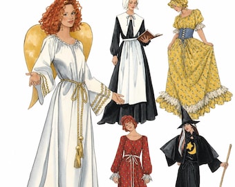 Adult costume sewing pattern: angel, witch, pilgrim, prairie and historical-style dress-up ALL Sizes P-S-M-L, bust 78-107 cm (30.5-42 in)