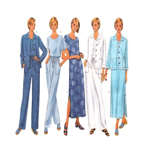 Peut inclure: Illustration de cinq ensembles de mode féminine. Les tenues comprennent un ensemble veste et pantalon en jean bleu, un ensemble haut et pantalon bleu clair, une robe à imprimé floral bleu, un ensemble veste et pantalon blanc et un ensemble veste et jupe bleu clair.