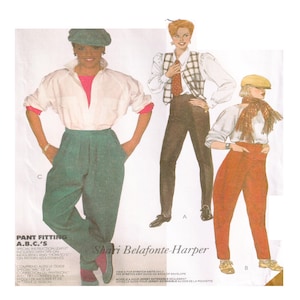 May include: A vintage fashion illustration featuring three models showcasing different pant styles. The models are wearing high-waisted pants in green, brown, and rust colors, paired with shirts, vests, and scarves. The image includes text about pant fitting and the designer's name.