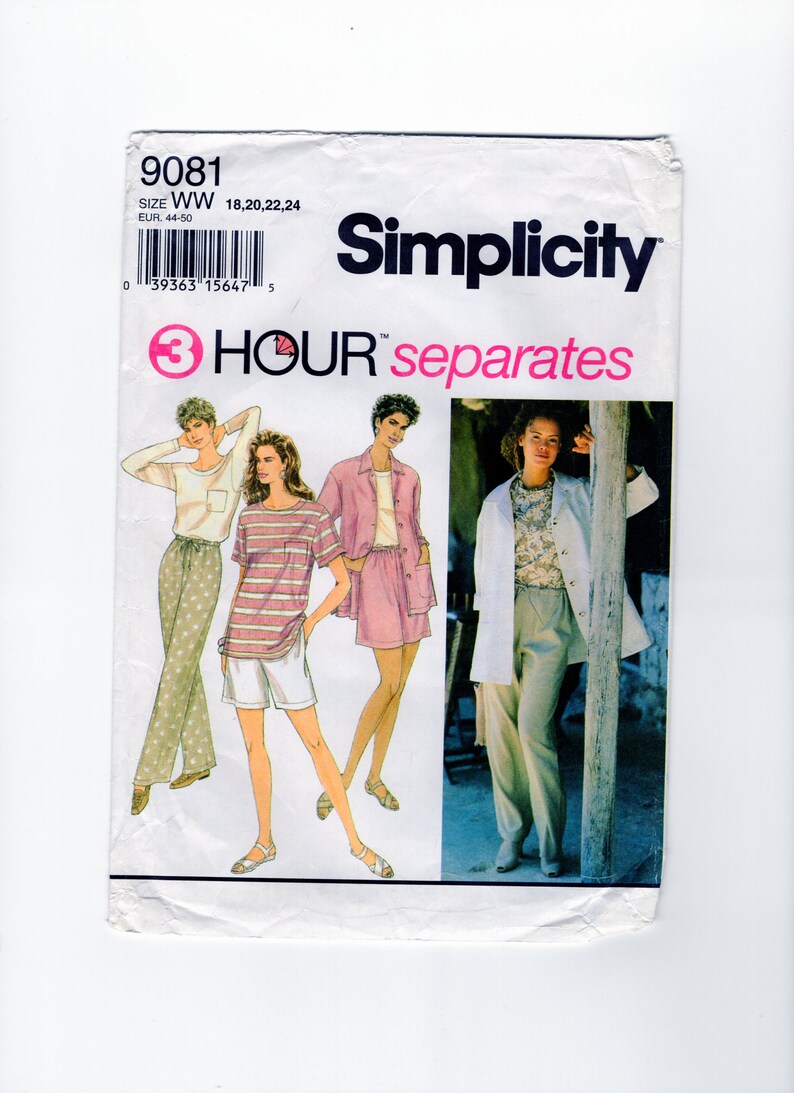 Simplicity 9081, Women Casual Fashion, Over Shirt, Blouse, Elastic Waist Pants, Shorts, Plus Size 18-20-22-24 Women Sewing Pattern, UNCUT