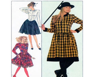 Simplicity 8734、レディースドレスパターン、秋、冬、スタイル、フィットボディスドレス、長袖、ボタンフロント、フルスカート、サイズ 6-8-10、未カット