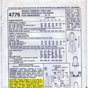 May include: A sewing pattern for a jumpsuit, vest, and booties. The pattern includes instructions for making the garments and a blue transfer for embroidery. The pattern is for misses' sizes 6-16.