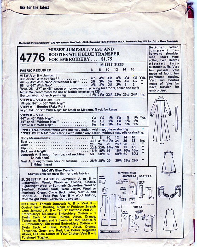 May include: A sewing pattern for a jumpsuit, vest, and booties. The pattern includes instructions for making the garments and a blue transfer for embroidery. The pattern is for misses' sizes 6-16.