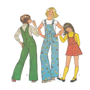 Op de afbeelding: Illustratie van drie mensen in vintage overalls en een jumper. De overalls zijn groen, blauw met fruitpatronen, en de jumper is rood met een gele coltrui. Een retro mode-illustratie.