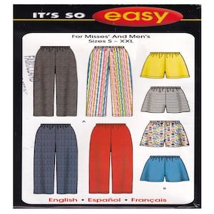 May include: A sewing pattern for trousers and shorts. The pattern includes instructions for making a variety of styles, including striped, patterned, and plain colours. The pattern is for sizes S-XXL.