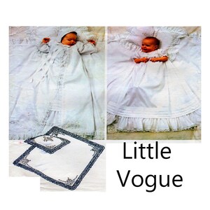 Baby Taufkleid, Taufkleid, Vogue 2878, Schnittmuster, Zierband, Baby Haube, Decke, Kissen, Spitzen Detail Fotorequisite - UNCUT