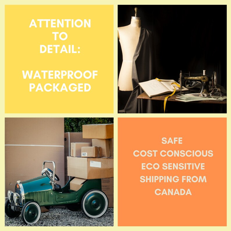 Puede incluir: Un coche de juguete verde con una pila de cajas de cart&oacute;n detr&aacute;s. El texto "ATENCI&Oacute;N AL DETALLE: EMBALADO IMPERMEABLE" est&aacute; sobre un fondo amarillo. El texto "SEGURO CONSCIENTE DEL COSTO ECO SENSIBLE ENV&Iacute;O DESDE CANAD&Aacute;" est&aacute; sobre un fondo naranja.