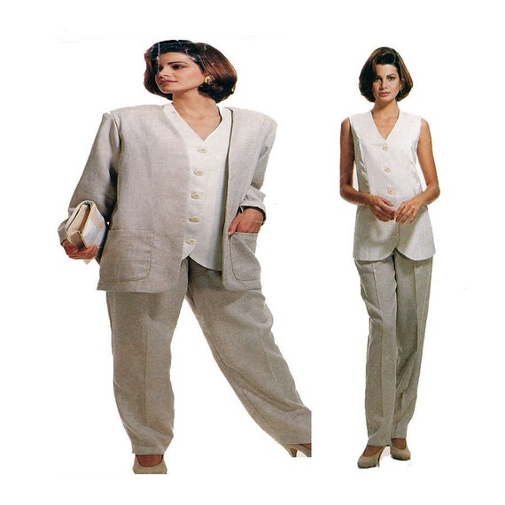 Women, Pant Suit, Sewing Pattern, Mccalls 6972, Long Jacket, No Lapel, V  Neck Blazer, Long Button Vest, Tapered Leg, Size 10-12-14-16, UNCUT 