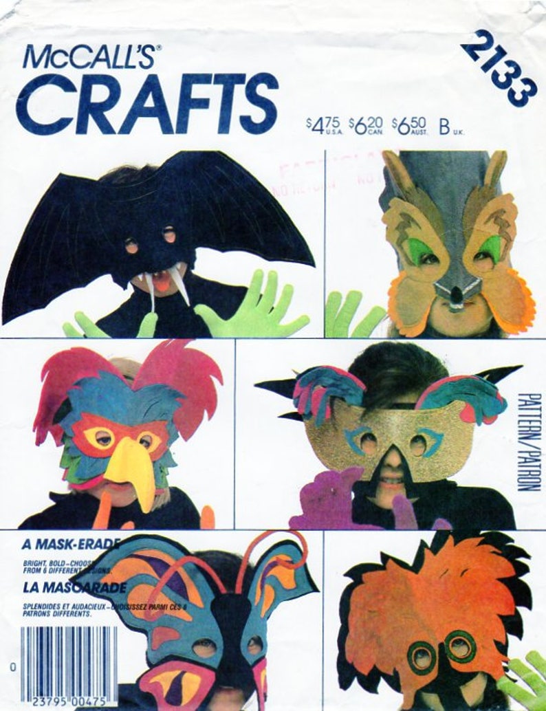 Bat Size Child to Adult Woodpecker Mardi Gras Mask Craft Sewing Pattern McCalls 2133 782 913\u00a0 Parrot Butterfly Fox Basic Mask