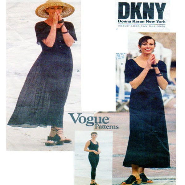 Donna Karan NY Vogue 1375 Womens Summer Dress & Unitard Pattern: Loose Fit Ankle Length Raised Waist Tank Top Unitard Size 12-14-16 - UNCUT