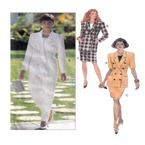 May include: A sewing pattern for a double-breasted suit with a skirt and trousers. The pattern includes a white suit, a black and white plaid suit, and a yellow suit.