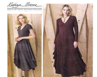 Vogue 9268, Kathryn Brenne-jurk naaipatroon, overslag, wijd uitlopende rok, kraag, lange of korte mouw, casual stijl maat XS tot XXL, ONBESNEDEN