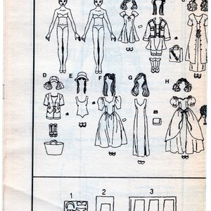 Puede incluir: Un dibujo en blanco y negro de una mu&ntilde;eca de papel con varios atuendos. Los atuendos incluyen un traje de ba&ntilde;o, un vestido, una falda y una blusa, una chaqueta y pantalones cortos, y un abrigo largo. La mu&ntilde;eca de papel est&aacute; etiquetada con las letras A a H. La p&aacute;gina est&aacute; etiquetada "BUTTERICK 3218/292 P&aacute;gina 1 (6 p&aacute;ginas)".