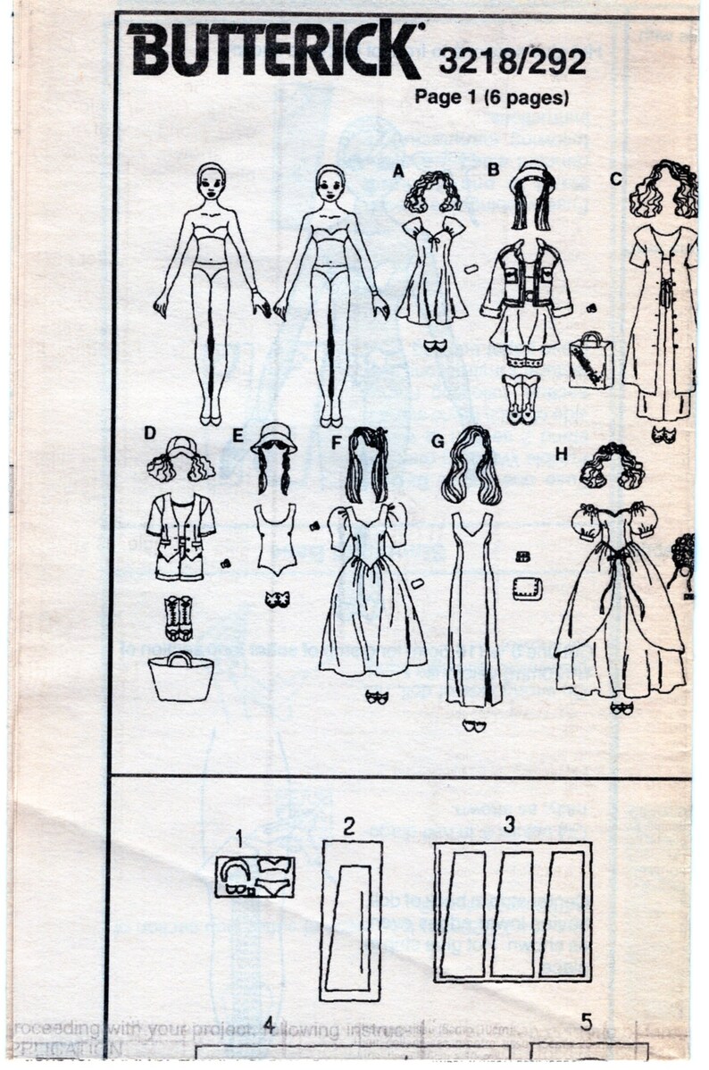 Puede incluir: Un dibujo en blanco y negro de una mu&ntilde;eca de papel con varios atuendos. Los atuendos incluyen un traje de ba&ntilde;o, un vestido, una falda y una blusa, una chaqueta y pantalones cortos, y un abrigo largo. La mu&ntilde;eca de papel est&aacute; etiquetada con las letras A a H. La p&aacute;gina est&aacute; etiquetada "BUTTERICK 3218/292 P&aacute;gina 1 (6 p&aacute;ginas)".